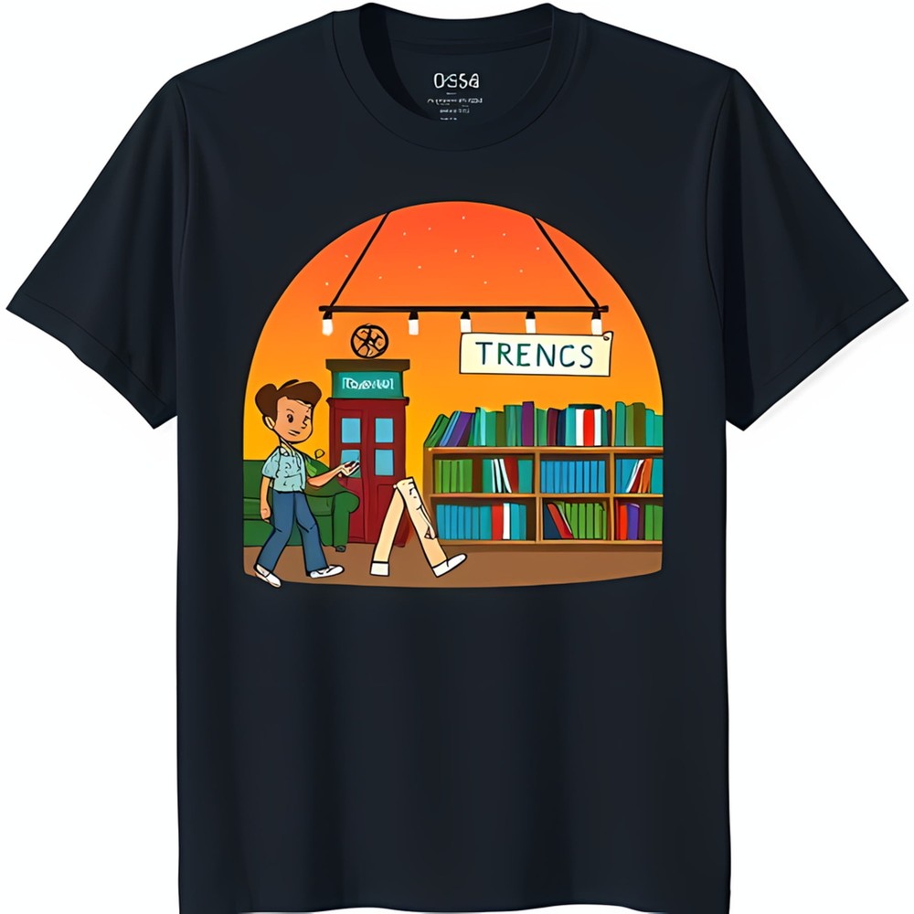 Stylish Black T-Shirt with Vibrant Cartoon Graphic of Bookstore Scene