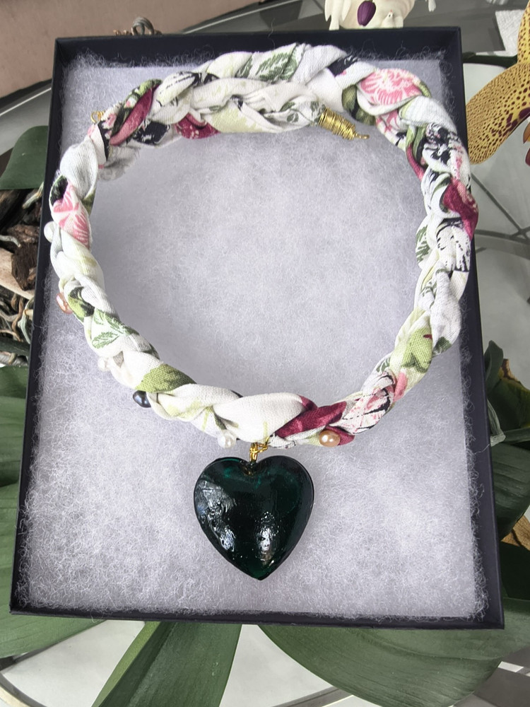 Handcrafted Fabric Heart Pendant Necklace Black Hook Closure Statement Charm