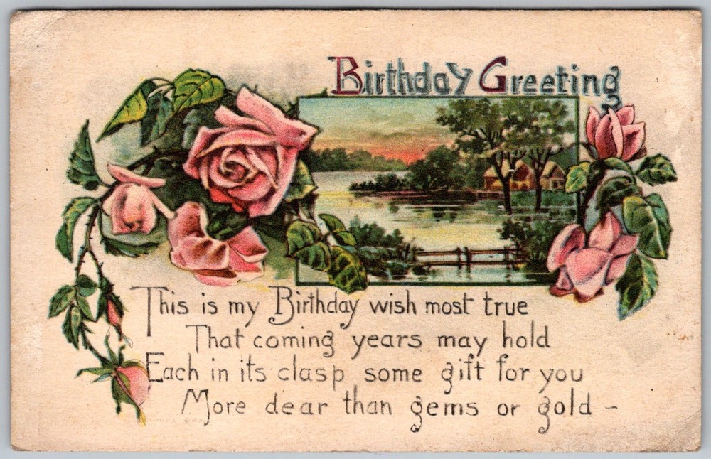 Antique Postcard Roses Lakeside Birthday Greeting Goshen, 1910s