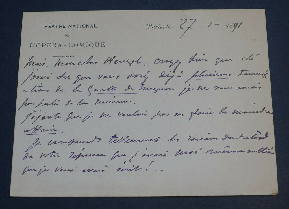 Jules Danbe, autograph letter signed to Henri Heugel, Paris, 1891