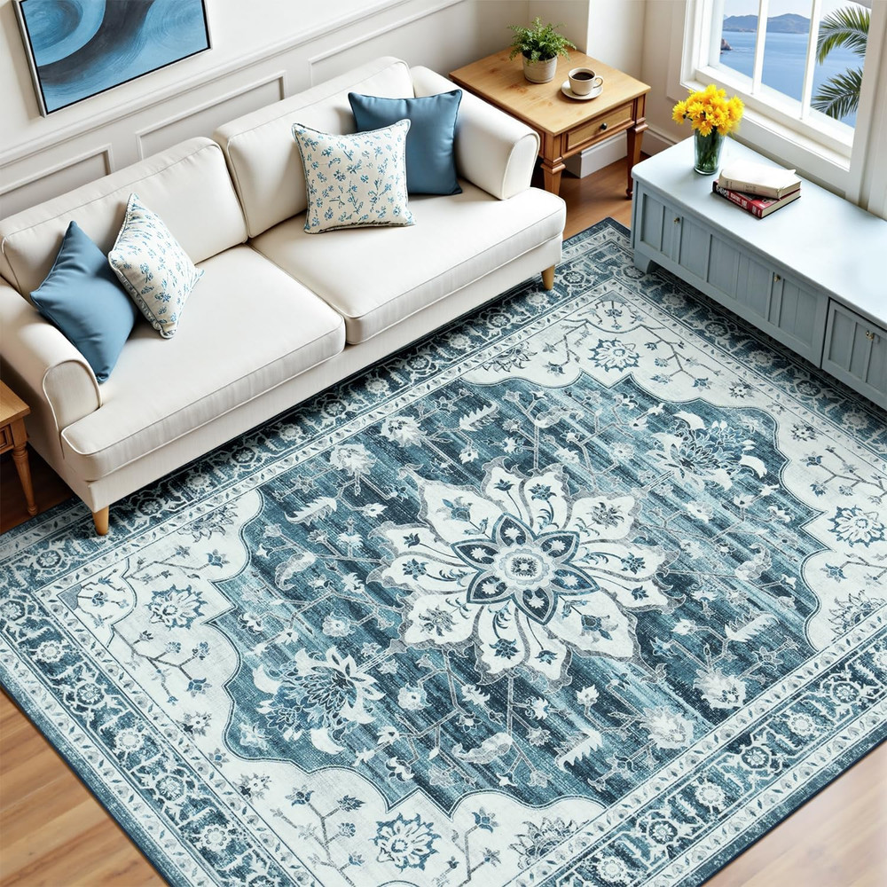 5x7 Coastal Blue White Area Rug Boho Vintage Low Pile Non-Slip Washable Rug