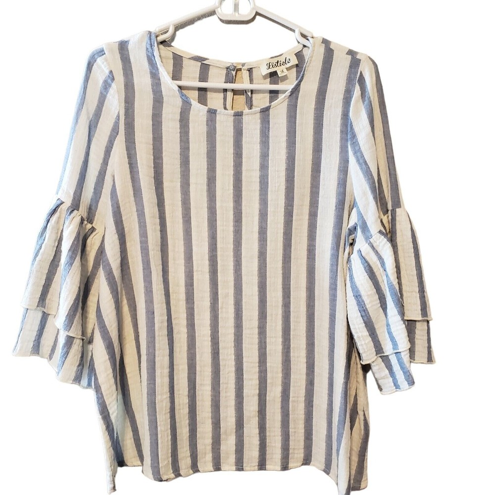 Listicle cotton tunic top ruffled bell sleeves blue white stripe size L