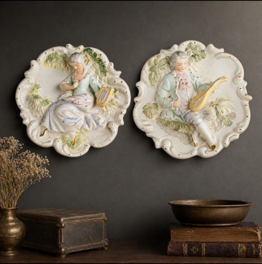 Occupied Japan Wall Plaques Pair Figural Musicians Victorian Style Bisque
