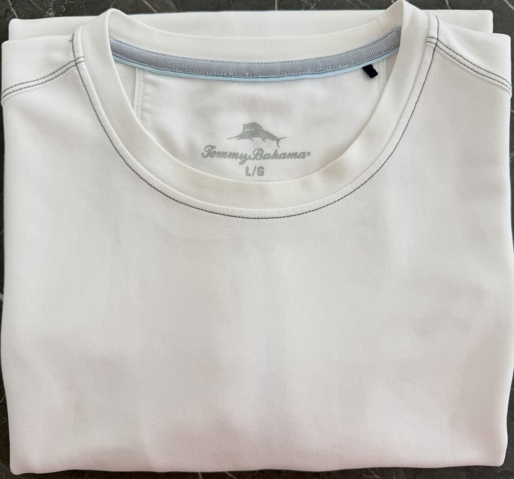 Tommy Bahama Tee Men’s Large-White w/Gray Stitch Performance Crew Unworn CondLike Unworn Condition