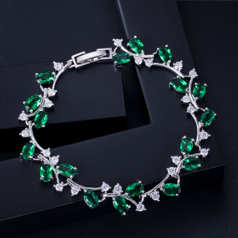 Flower Design Green Citrine Silver CZ Women Girl Party Charm Gemstone Bracelets