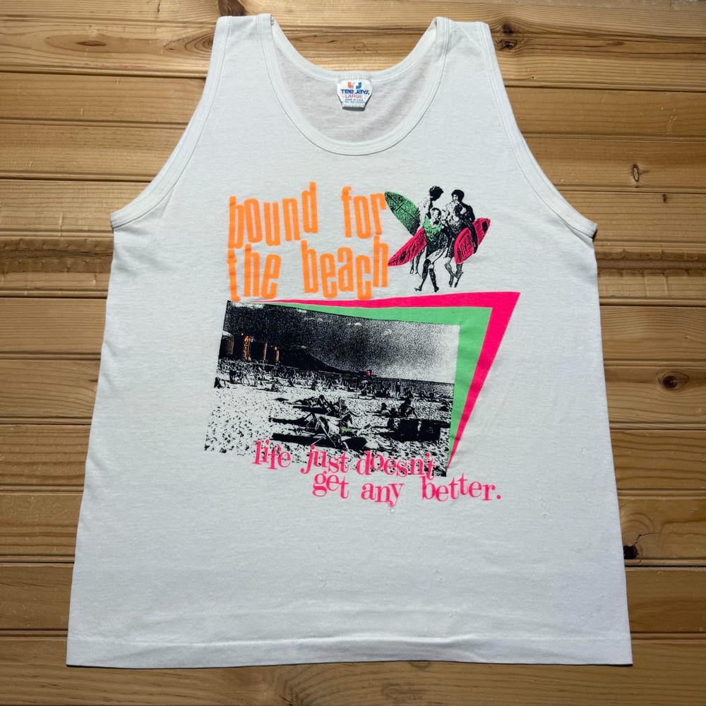 Vintage 80s Bound For The Beach Surfing Neon Graphic Tank Top T-Shirt USA Large