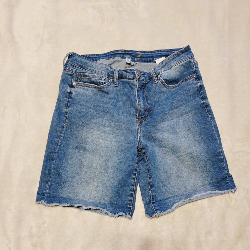 Seven Sunset Bermuda Shorts Womens 12 Frayed Hem Stretch Cotton Blend Blue Denim