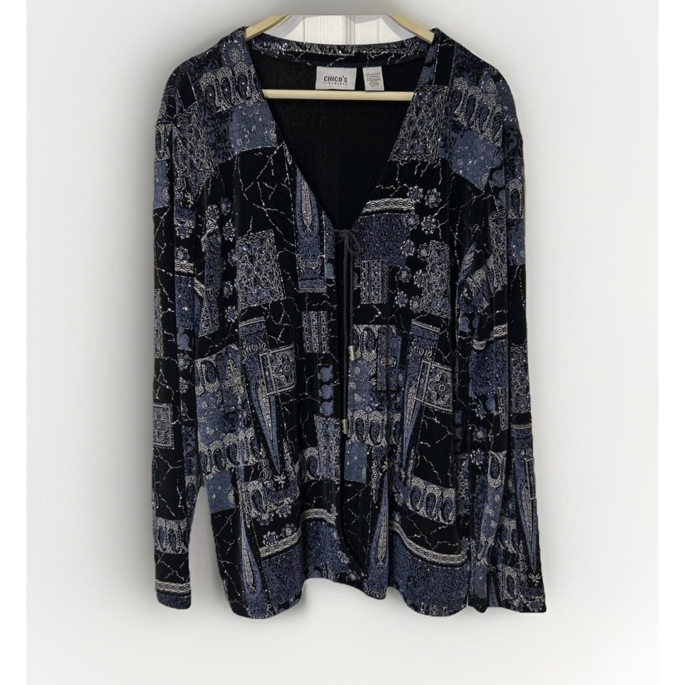 Vtg Chicos Jacket Cardigan Sz 3 XL  Navy Blue Travelers Stretch Silver Sparkle