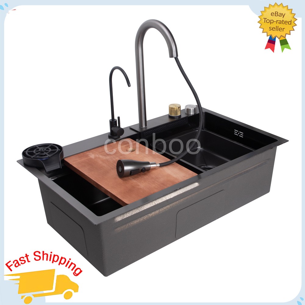 29.5''x18'' Waterfall Kitchen Sink w Pull-Out Faucet Single Bowl Multifunctional