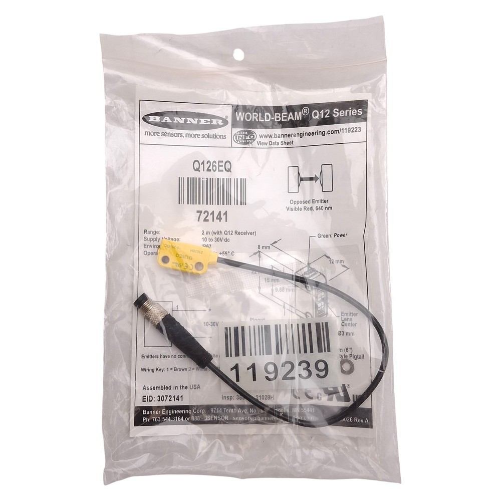 Banner Q126EQ 72141 WORLD-BEAM Q12 Emitter, 2m Range, M8 4-Pin Male, 10-30VDC