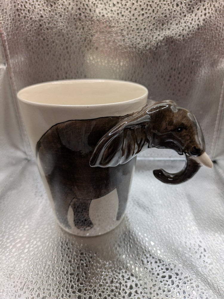 World Market 3D Elephant Trunk Tusks White Ceramic Handle Coffee Mug Cup 12 oz