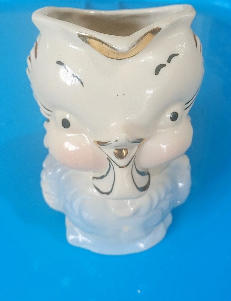 VINTAGE Shawnee Pottery Bird Owl MILK Pitcher Light Blue W/Gold Trim Midcentury