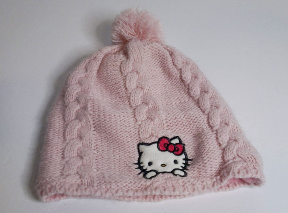 Sanrio Hello Kitty Pink Beanie Hat Cable Knit Pom Pom Fleece Lined Y2K Winter Ca