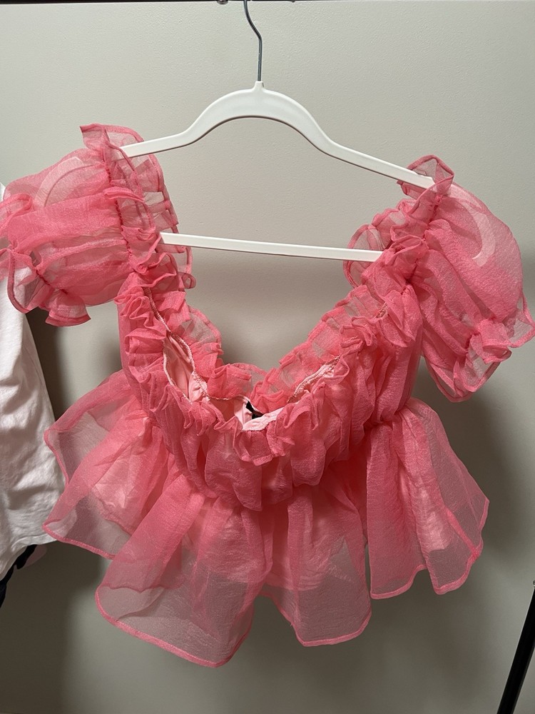 Forever 21 Pink Organza Ruffle Puff Sleeve Cropped Square Neck Blouse XL