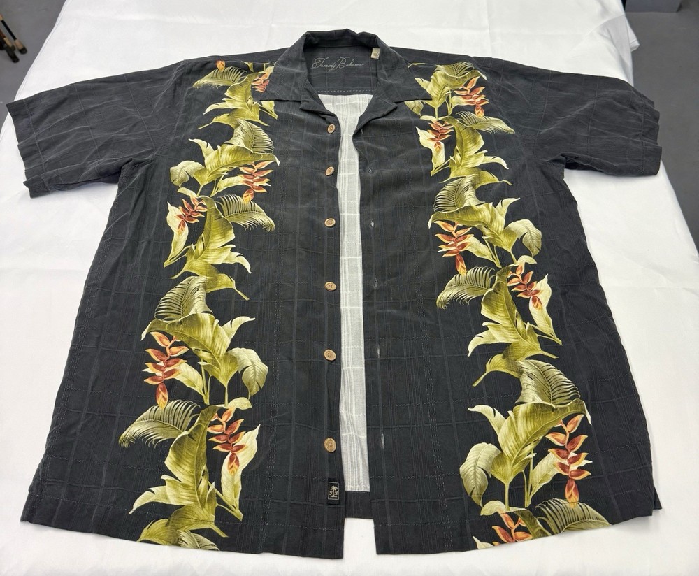 Tommy Bahama 100% Silk Hawaiian Shirt L Black Floral Camp Aloha