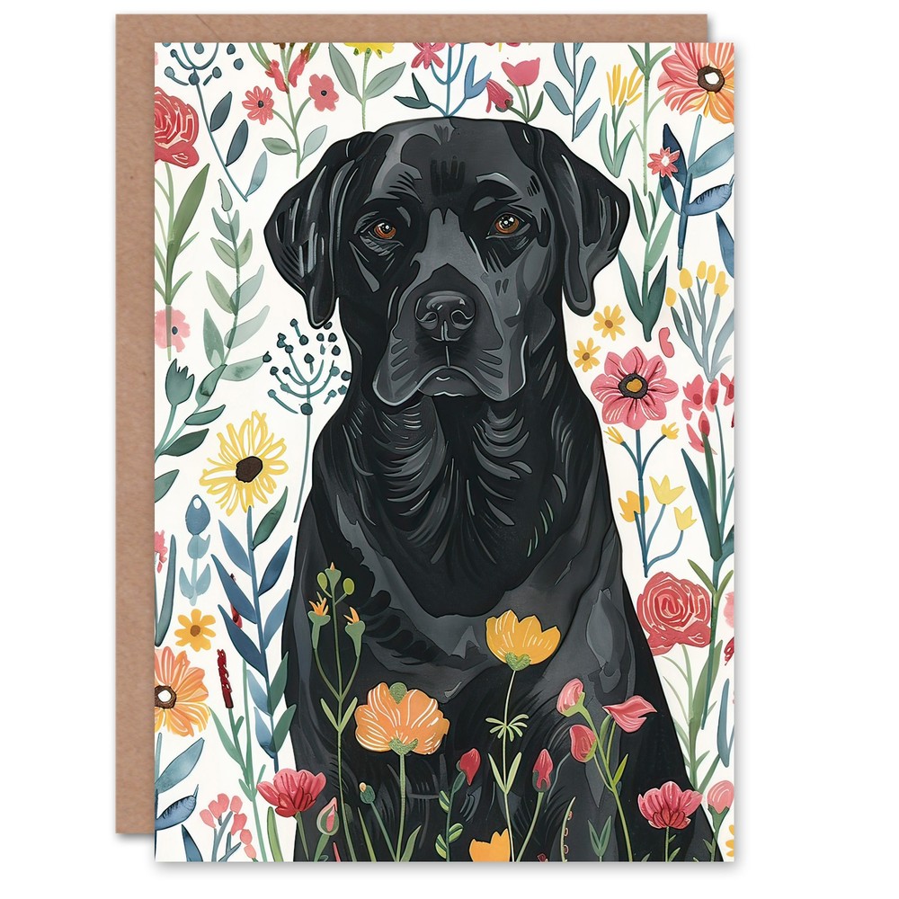 Greeting Card Dog Lover Black Labrador in Wildflower Field Birthday