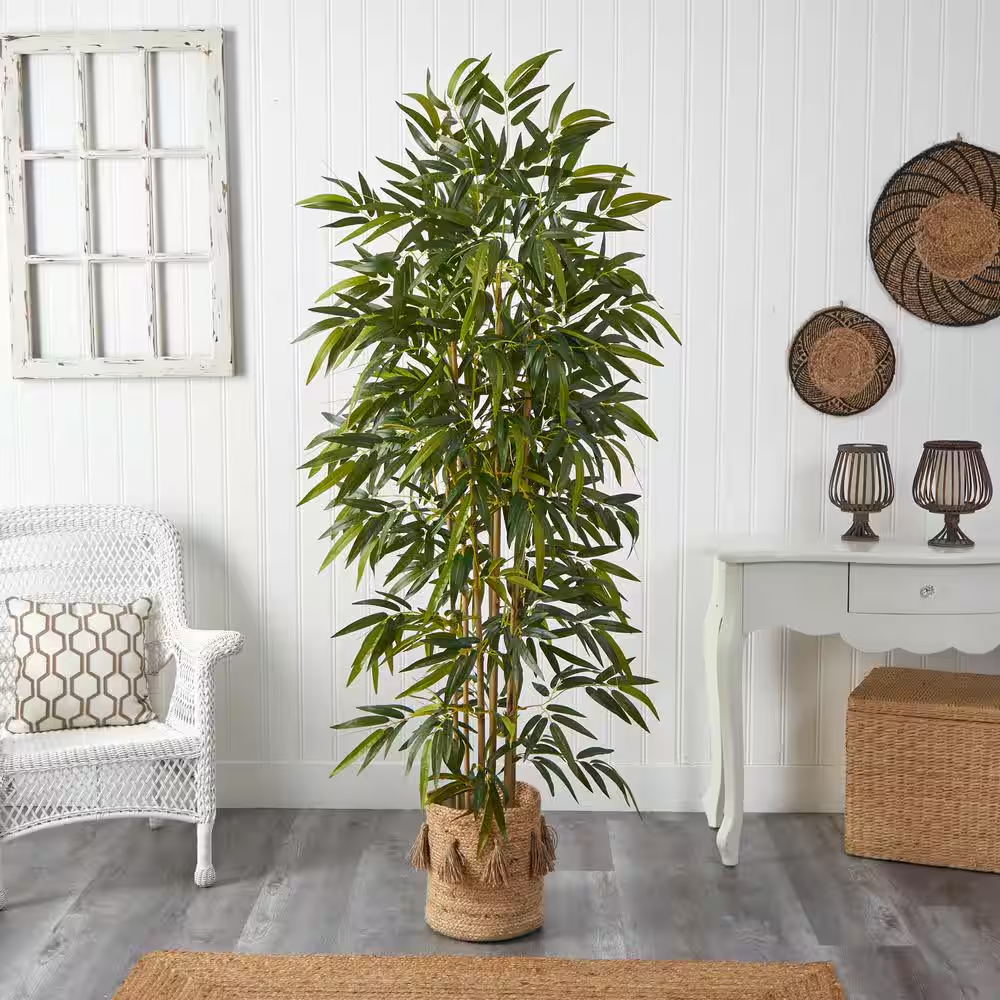 75 In. Green Bamboo Artificial Tree in Handmade Natural Jute Planter with Tassel