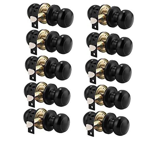 10-Pack Black Round Passage Door Knobs Keyless Non-Locking