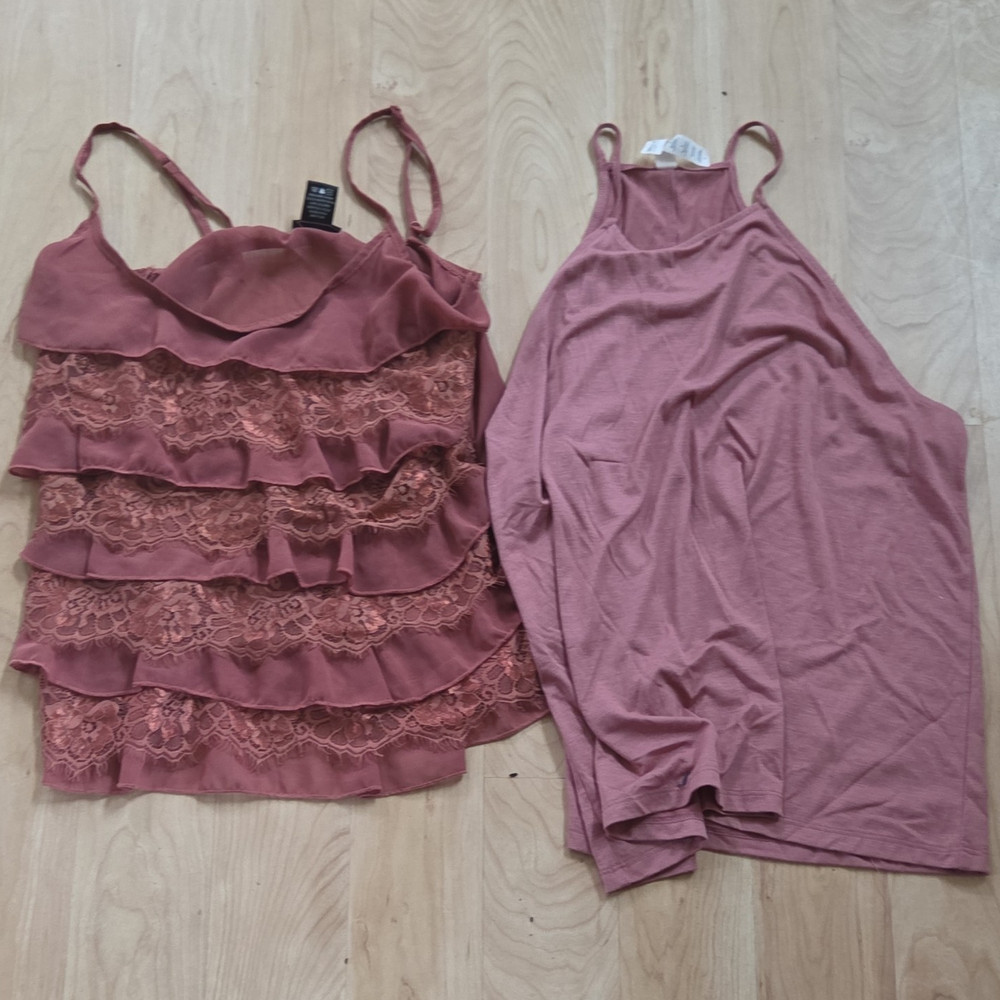 rue21 Sleeveless Brown Camisole Tank Top S/M Cotton Ruffle Lace Accents