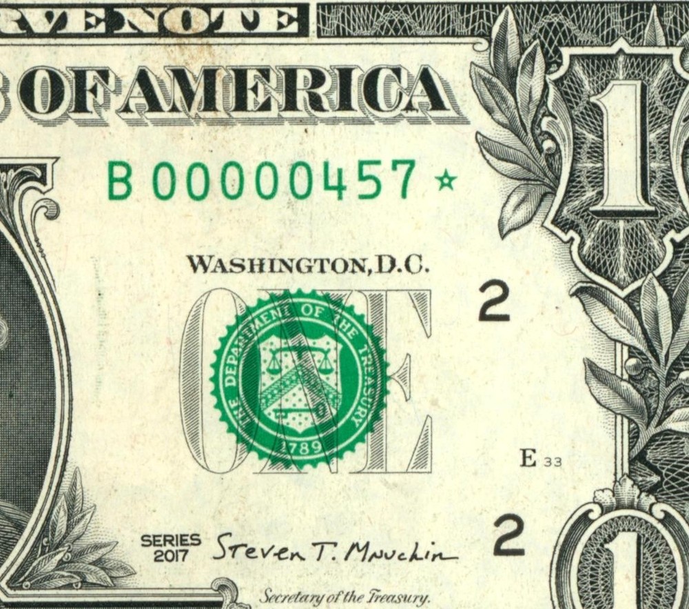 **Star - 3 Digit** $1 2017 (00000457) Fancy Serial # ** Paper Currency