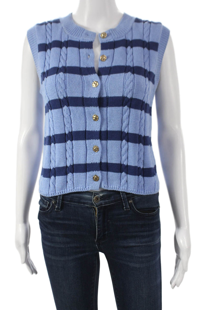 Zara Womens Striped Cotton Sleeveless Cardigan Blue Round Neck Size SFree Shipping in US $100+ Orders | $6.95 Orders Below