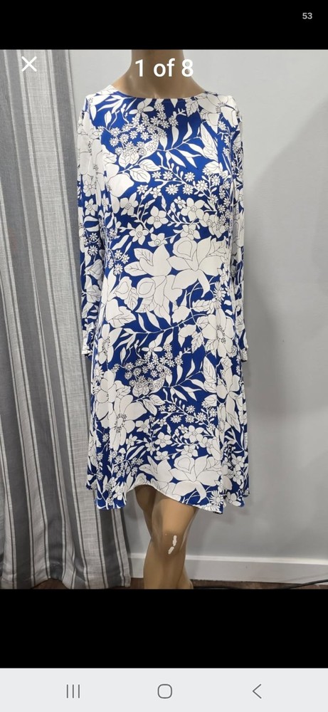 880 Brooks Brothers Fit N Flair Blouson Dress 6 Women Blue White Floral Knee Len