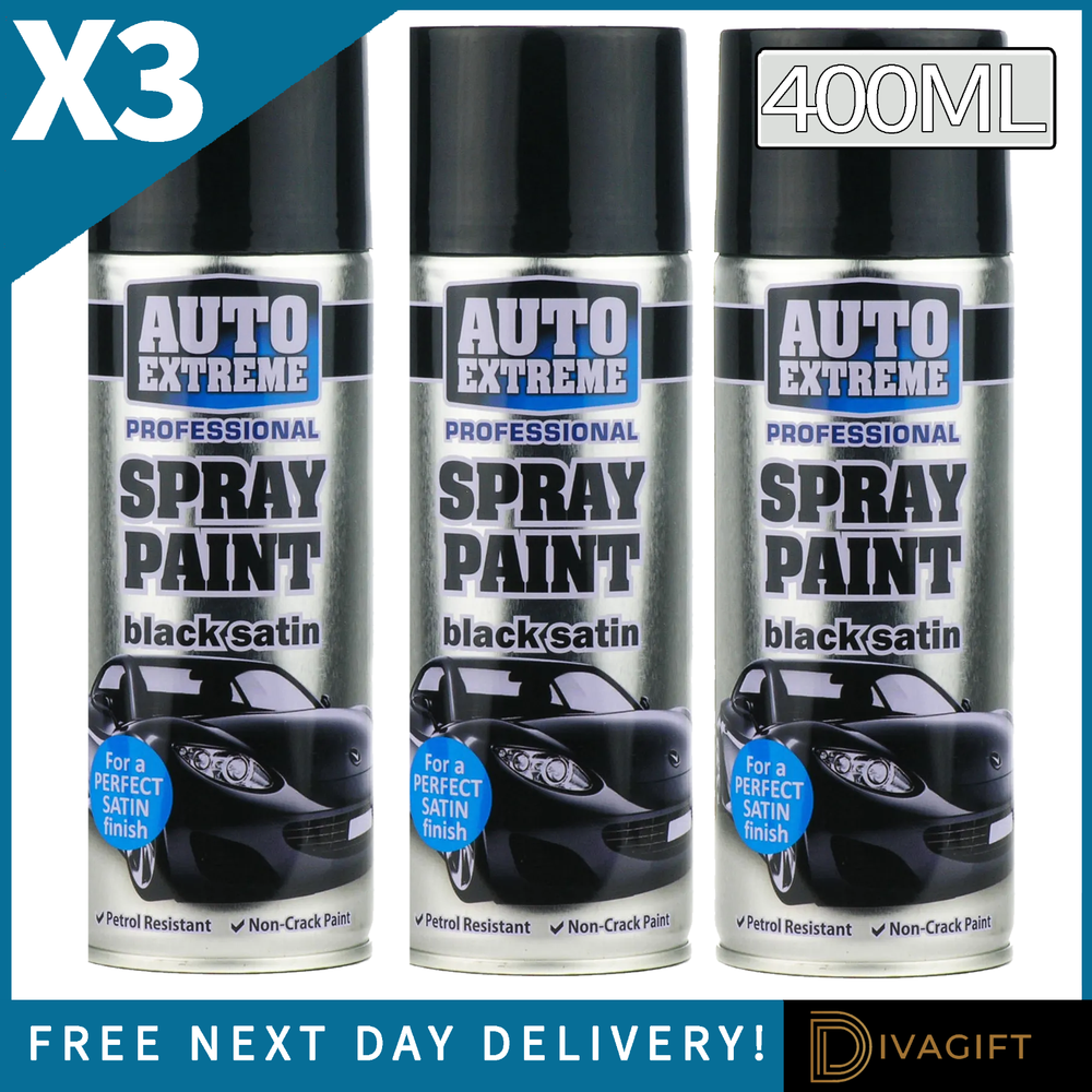 3 x BLACK SATIN SPRAY PAINT 400ML AEROSOL CAN AUTO EXTREME FOR CAR METAL WOOD
