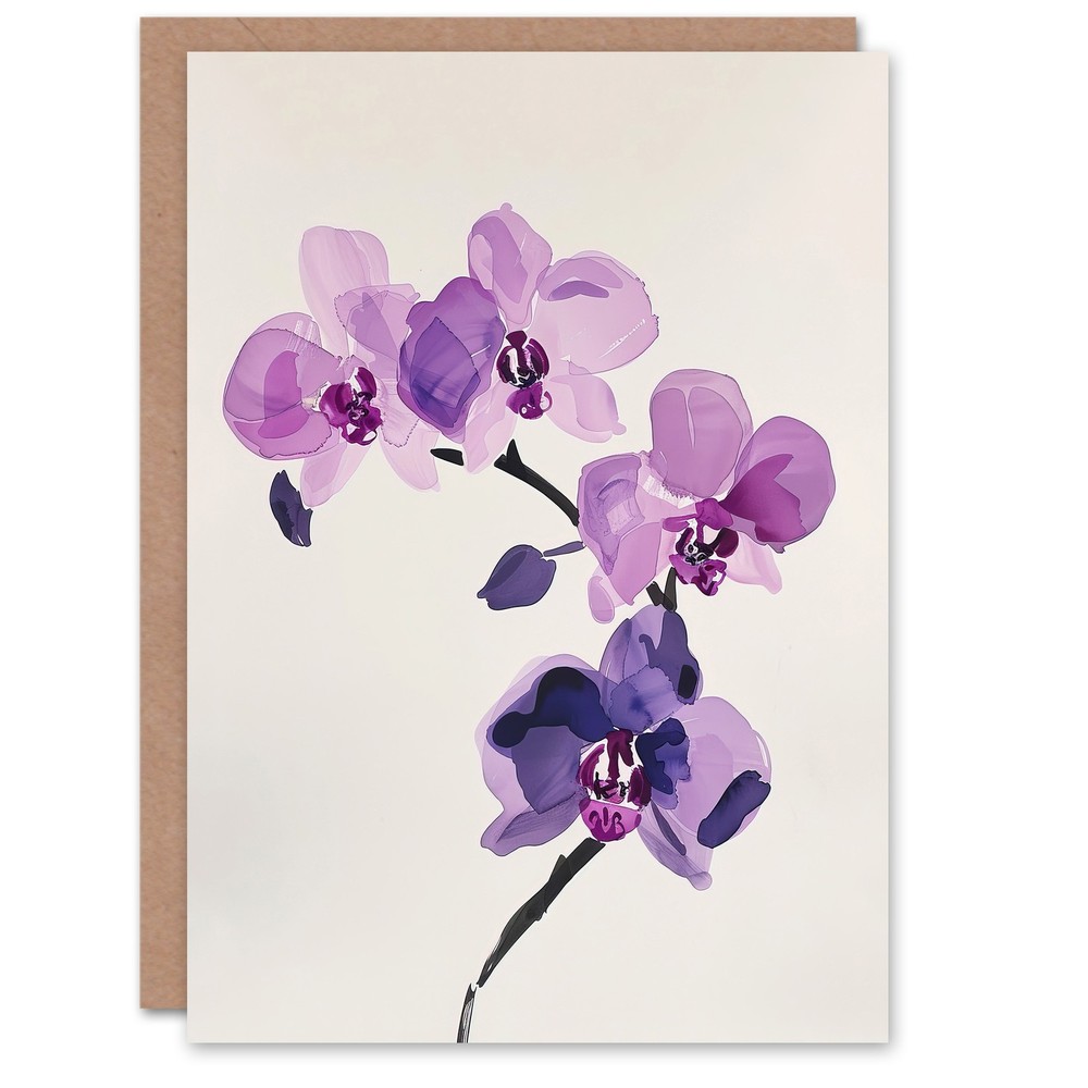 Greeting Card Purple Orchid Flower Abstract Floral Watercolour Birthday