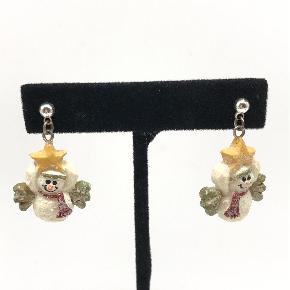 Vintage Christmas Holiday Snowman Dangle Drop Pierced Earrings