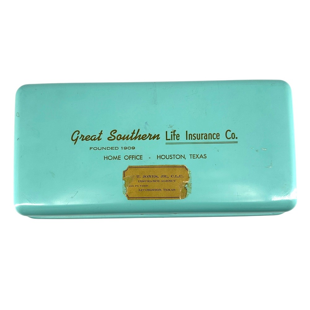 Vintage Turquoise Metal Box Great Southern Life Insurance Co Houston Texas
