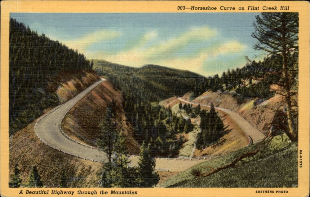 Anaconda Montana Flint Creek Hill Horseshoe Curve aerial unused linen postcard