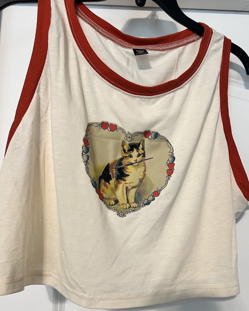SHEIN Women's Sleeveless Scoop Neck Cropped T-Shirt W/ Cat Size 2XL NWOT
