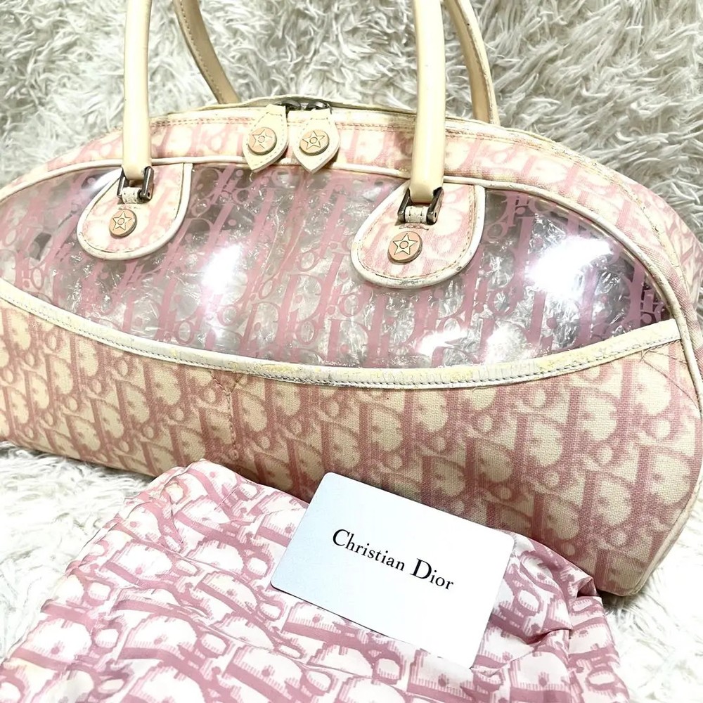 Christian Dior Trotter Skeleton Handbag Pink PVC Vinyl Leather Trim Large Tote