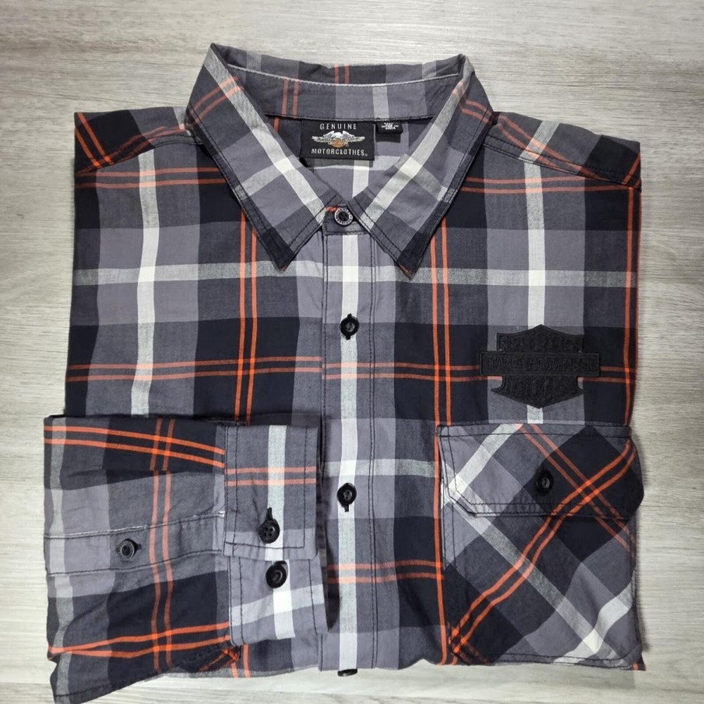 Harley Davidson Mens 2XL Tall Button Up  Shirt Blackout Patch Black Orange Plaid