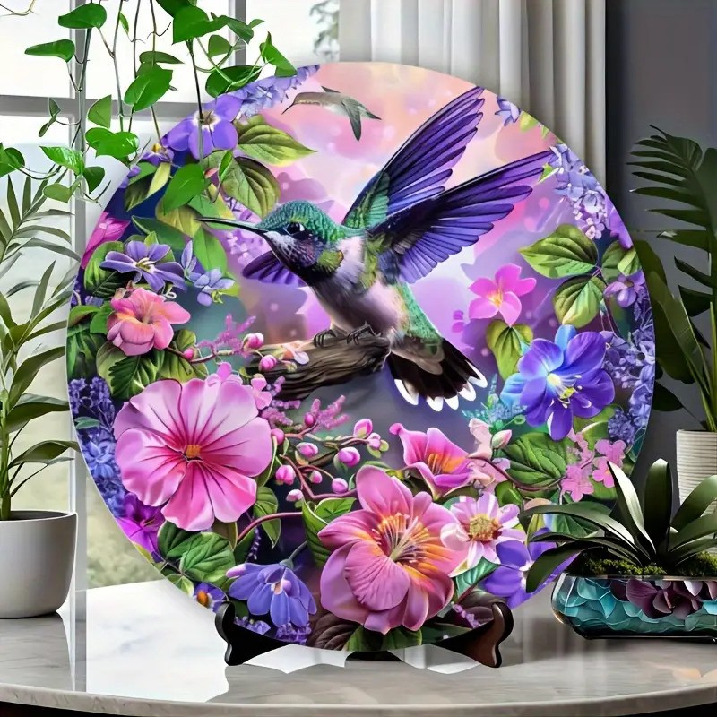Vintage Round Aluminum Hummingbird and Floral Wall Art Vibrant Colors