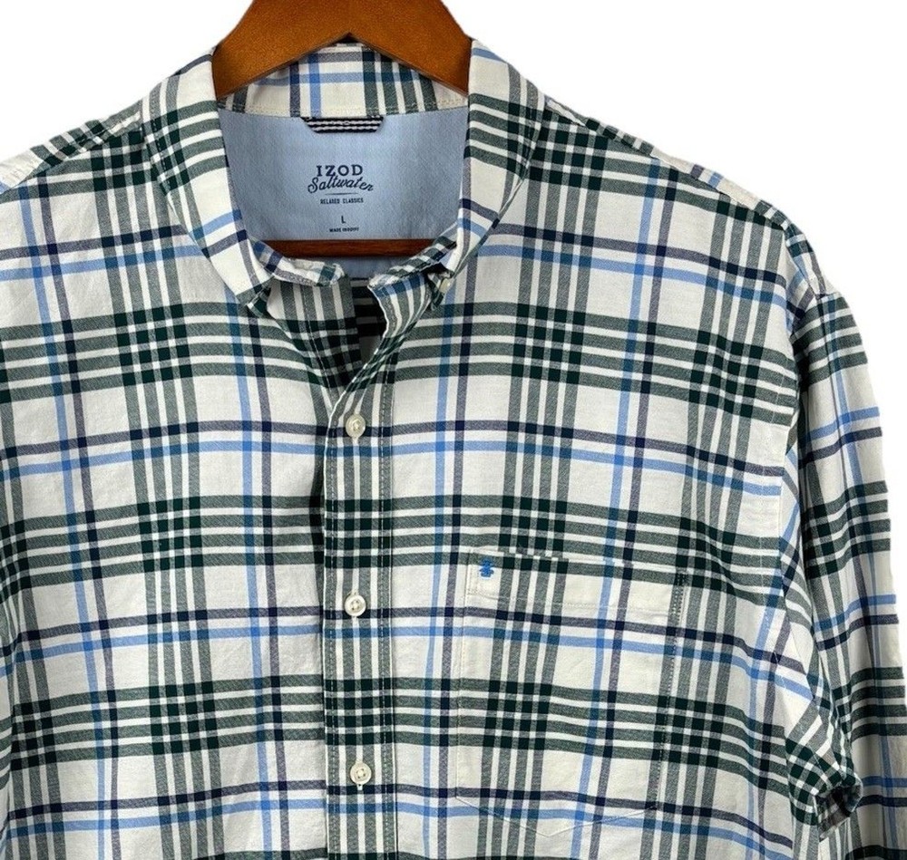 Izod Saltwater Oxford Shirt Mens Large Relaxed Classics Cotton Blue Green Plaid