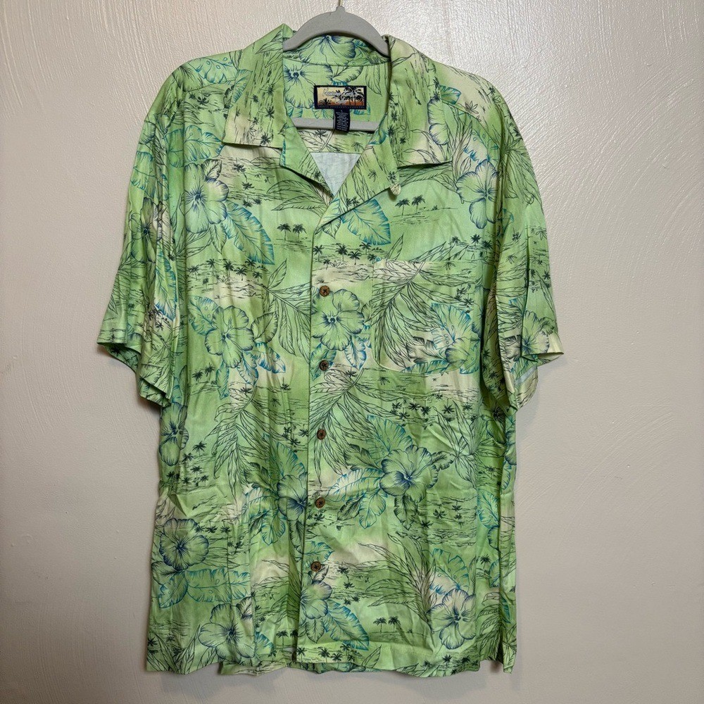 Havana Jack's Cafe Men's Button Down Shirt Short Sleeve Hawaiian Green Large
