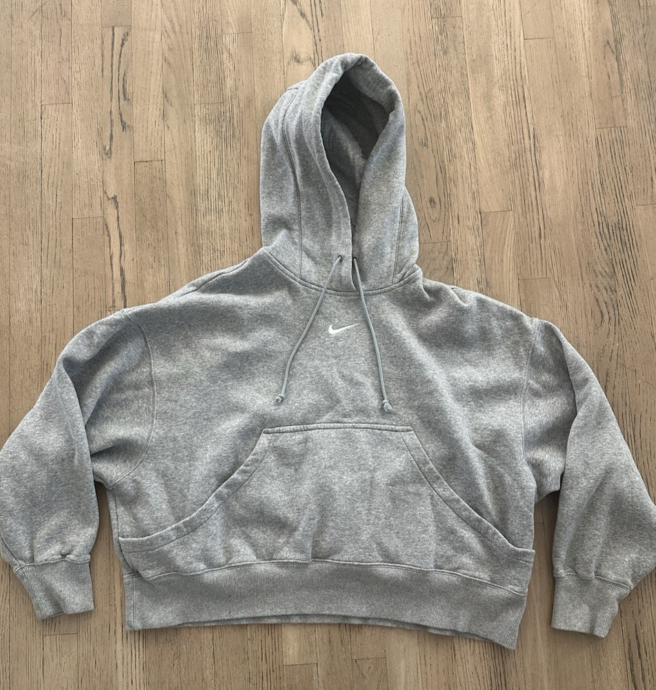 Nike Oversized Center Swoosh Womens Fleece Hoodie Med Heather Gray Boxy Classic