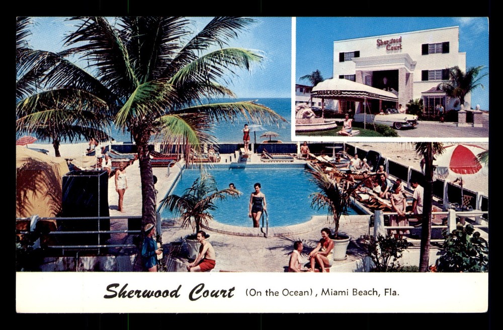 Sherwood Court Miami Beach Florida FL Multiview People Pool Unp Postcard
