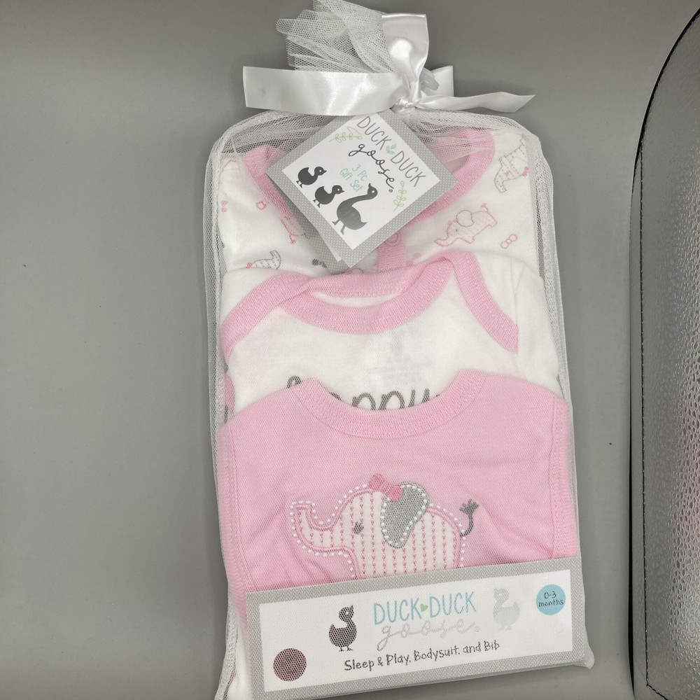 Duck Duck Goose Girls 3 Piece Sleep & Play Bodysuit and Bib 0-3Mos.  023