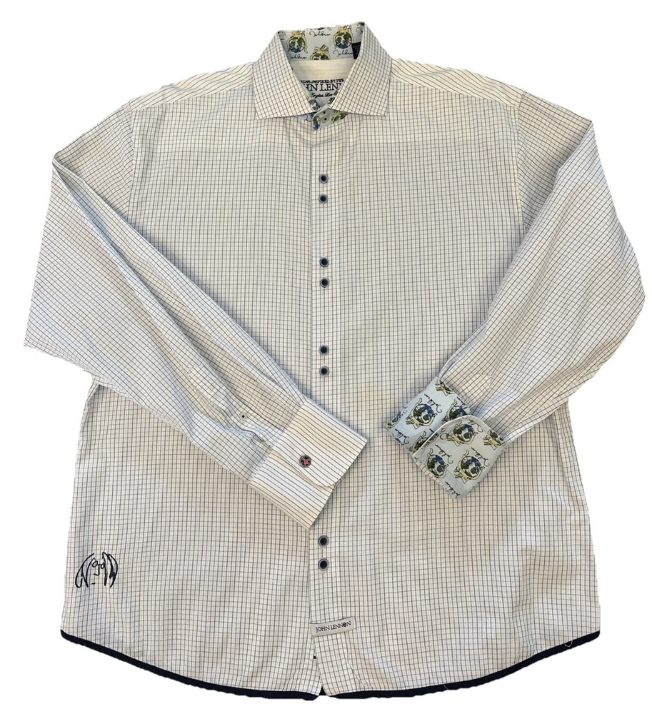 English Laundry John Lennon Men’s Shirt XXL White Blue Check Artwork Flip Cuff