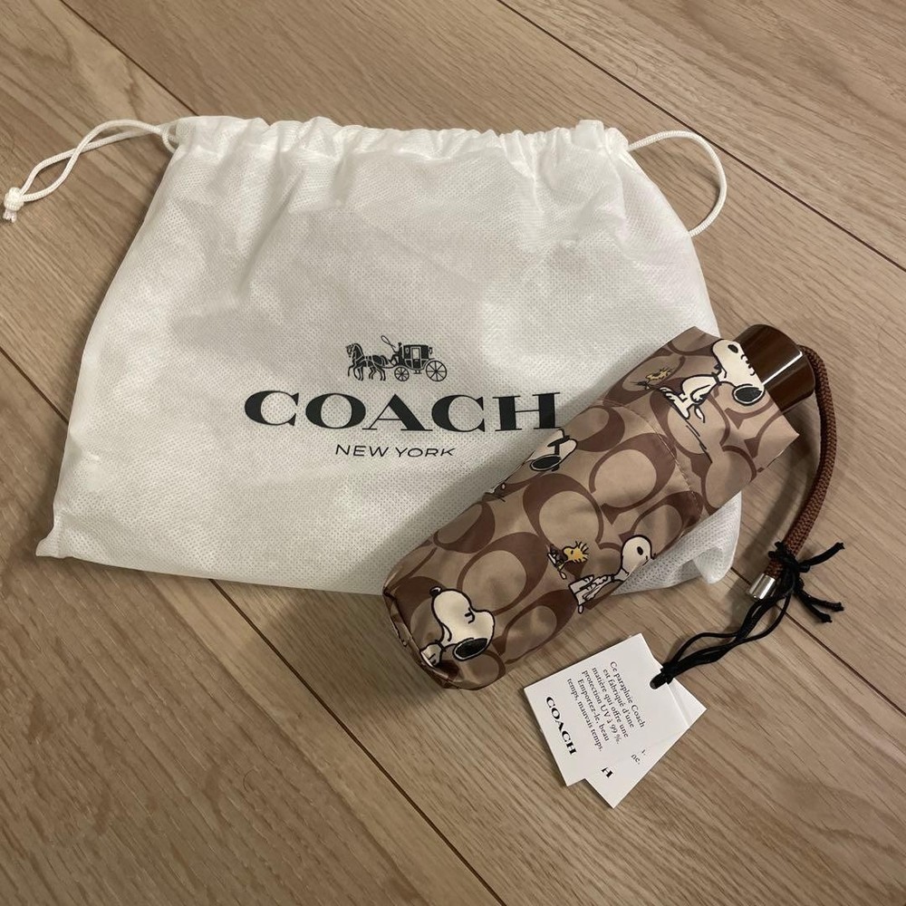 COACH Snoopy Folding Umbrella Brown Polyester w/ Pouch Limited Edition