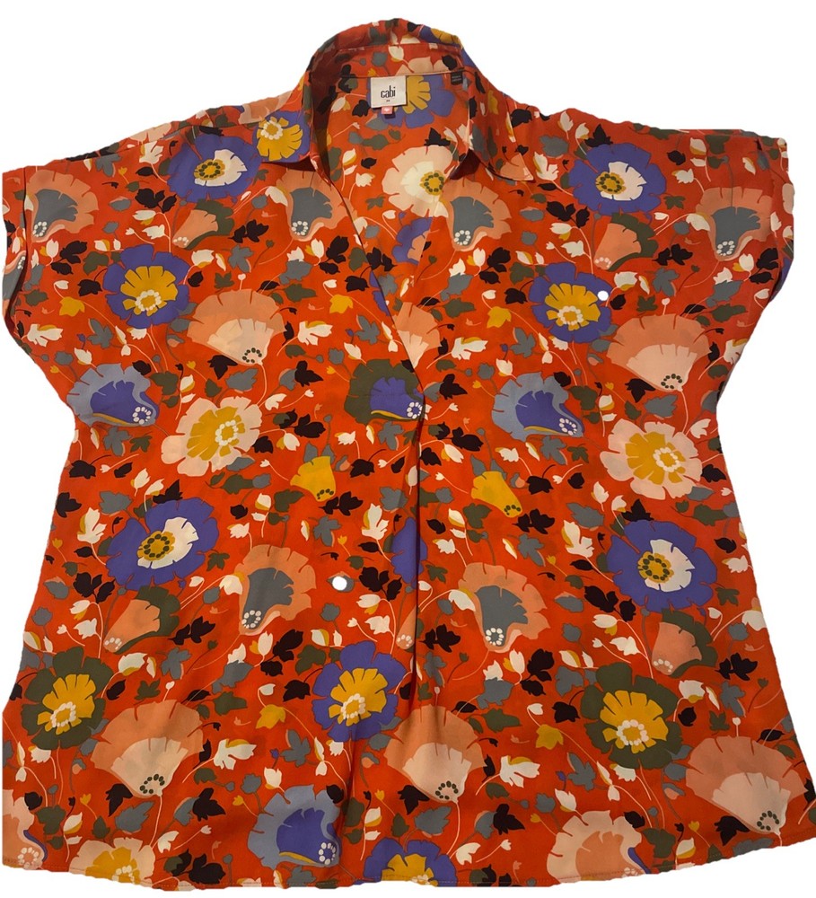 Cabi Women’s Floral Orange Short Sleeve V-neck Blouse Size M