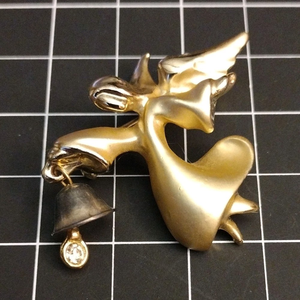 Vintage Signed Giusti Angel Brooch Pin Gold Tone Silver Bell Crystal Rhinestone