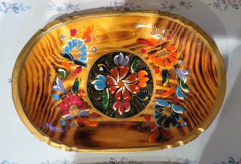 Hand Carved Hand Painted Vintage Mexican Folk Art Wood Tray  13.75 in. x 9.5 in.