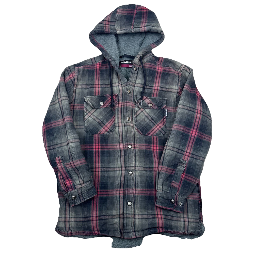 Wolverine Mens M Sherpa Lined Hooded Flannel Shacket Jacket Gray Plaid Workwear