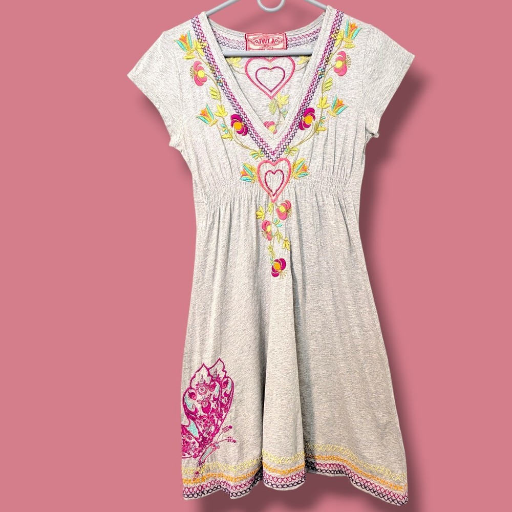 Johnny Was Grey Multicolor Floral Hearts Embroidered Short Sleeve Mini Dress SM