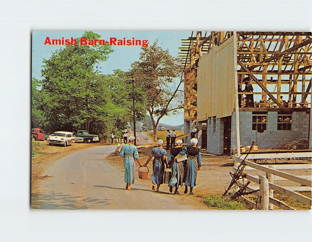 Postcard Amish Barn Raising USA