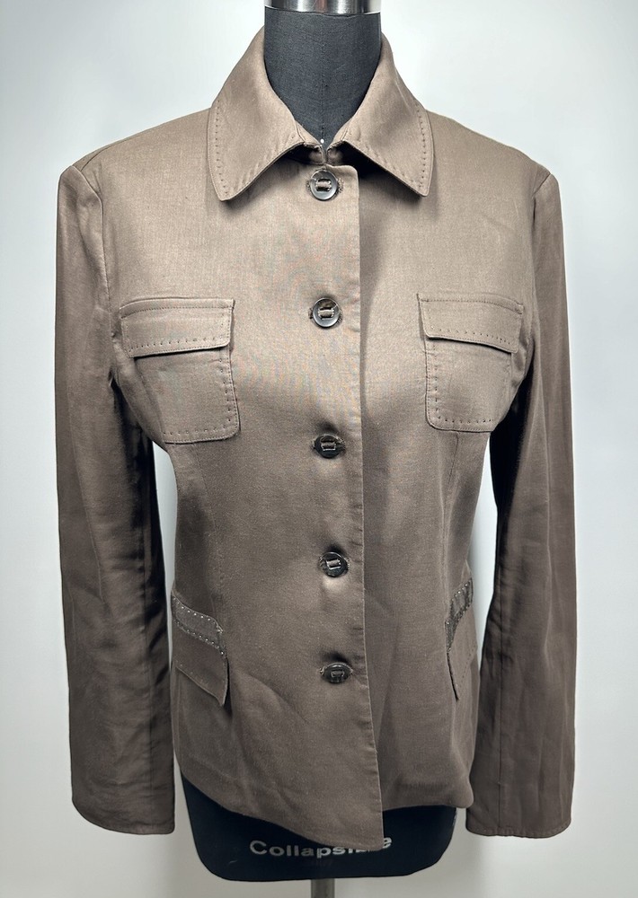 Elie Tahari Women’s Size M Linen Blend Jacket Pocket Button Brown