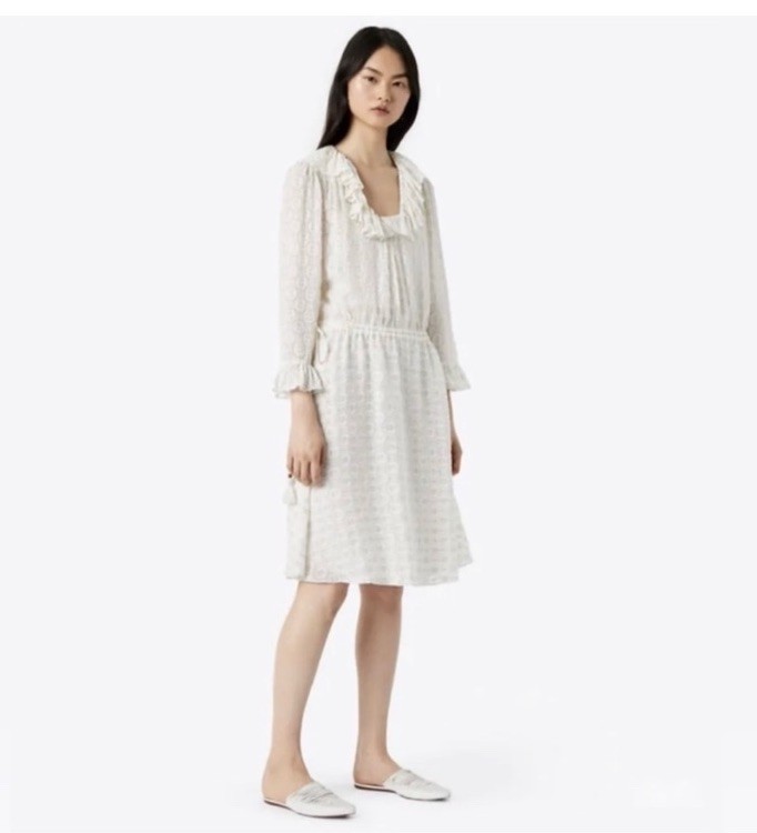 NEW Tory Burch Jasmine Ivory Metallic Tie Waist Midi Dress Size 2 Ruffle SALE